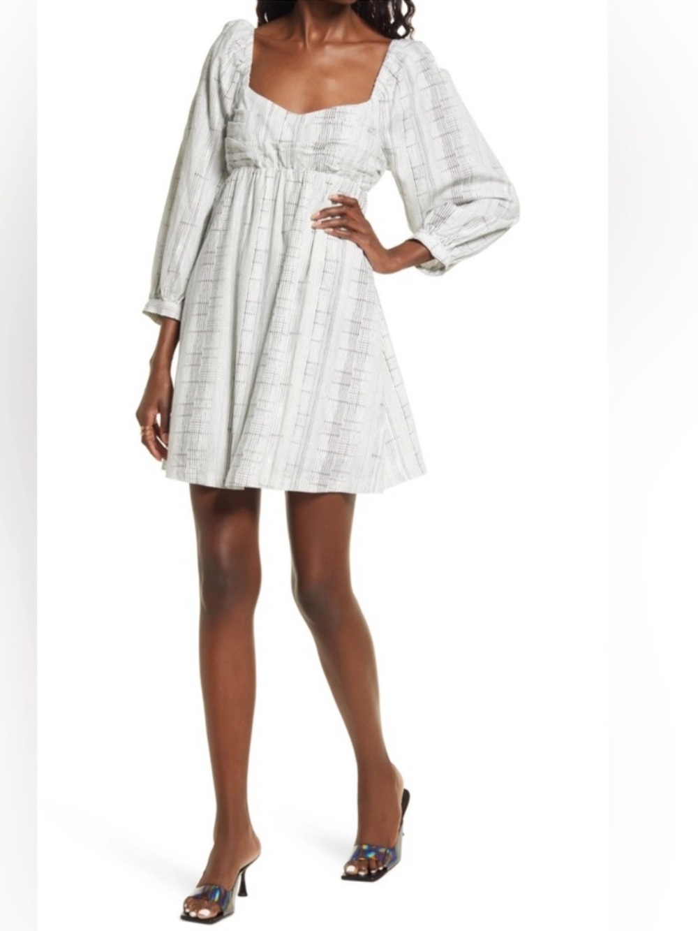 Open Edit Linen Blend Striped Black & White Babydoll Tie Back Mini Dress, XS